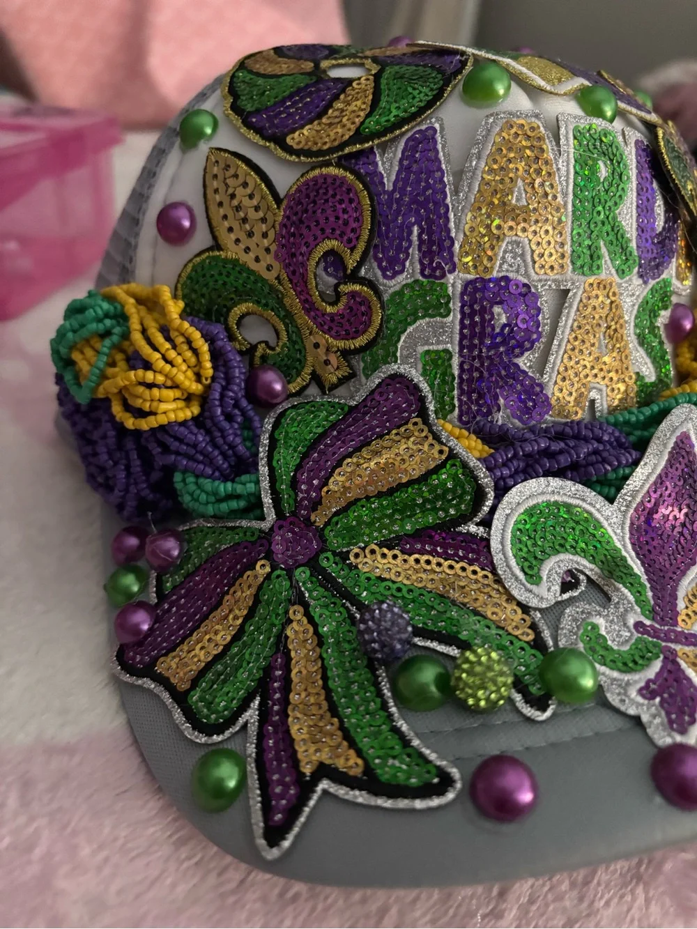 Mardi Gras Custom Beaded Hat - Purple, Green & Gold